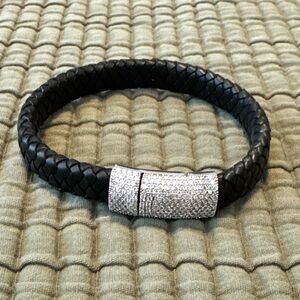 Black Braided Leather Bracelet with Silver Clasp